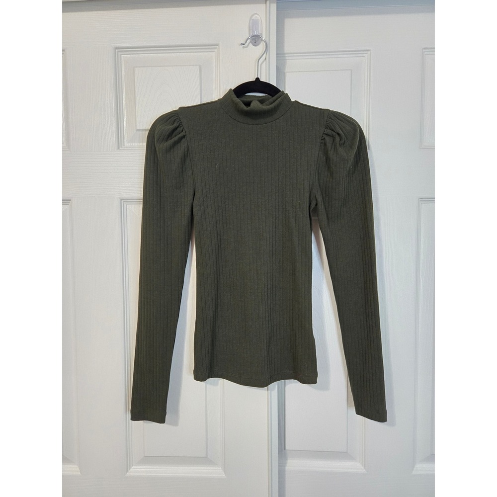 Gap Womens XXS Olive Green Ribbed Mock Neck Puff Shoulder Long Sleeve Top